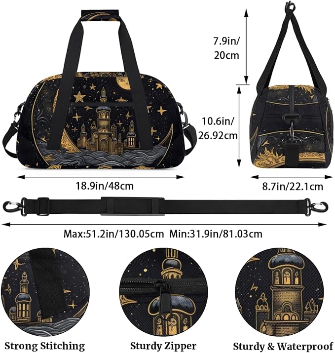 Golden Moon Star Gym Travel Duffle Bag for Women & Men with Front Zipper Pocket for Sports, Overnight, Weekender, Carry On,Workout & Dance Bag,Retro Moon,18.9 * 8.7 * 10.6 in