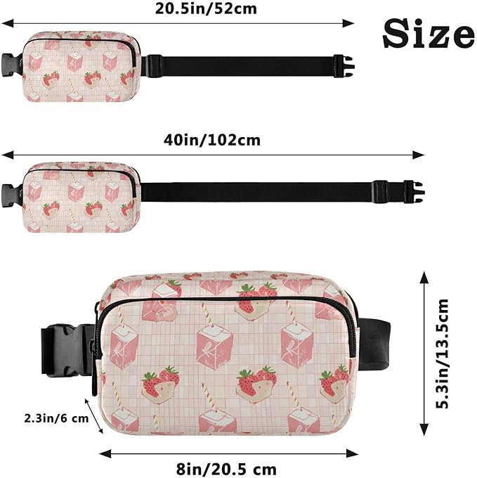 Kawaii Strawberry Milk Fanny Pack for Women Men Water Resistant Fashion Waist Packs with Adjustable Strap Belt Bag for Travel Workout Jogging Hiking 21219050
