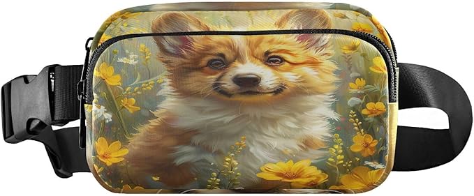 Cute Corgi Puppy Yellow Flowers Fanny Pack for Women Men Water Resistant Fashion Waist Packs with Adjustable Strap Belt Bag for Travel Workout Jogging Hiking 21219846