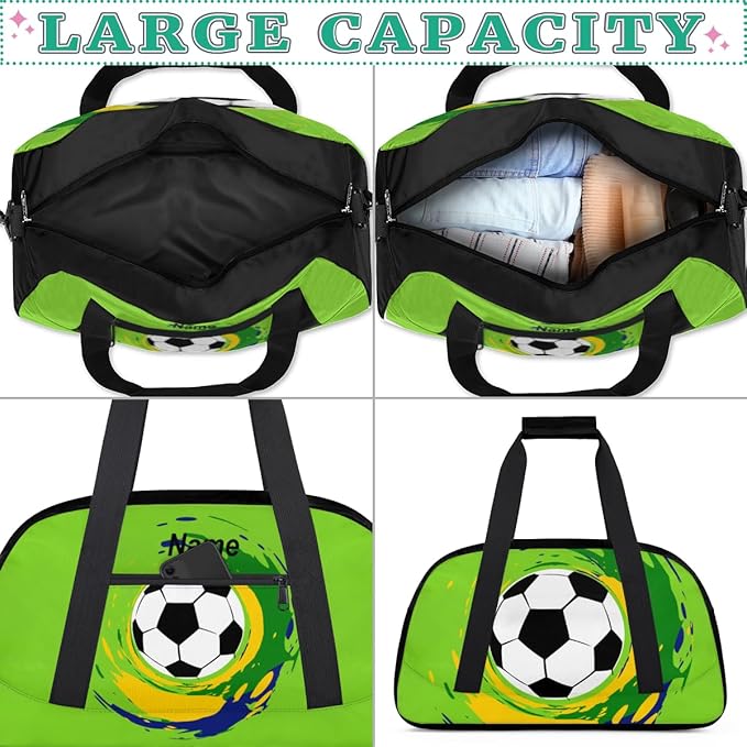 Custom Name Graffiti Soccer Green Boys Gym Travel Duffle Bag， Personalized Sports Bag for Overnight, Weekender, Carry On，18.9 * 8.7 * 10.6 in