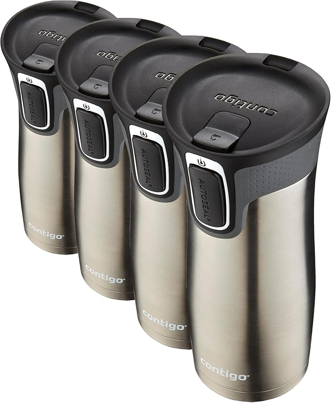 Contigo West Loop Stainless Steel Travel Mug with AUTOSEAL Lid,16oz.,Stainless Steel/Black,(Pack of 4)