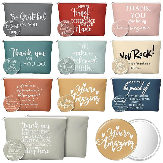 60 Pcs Employee Appreciation Gifts For Women Inspirational Canvas Makeup Bags Portable Compact Mirror Bulk Cosmetic Bags Thank You Gifts for Social Worker Coworkers (Praise,Vintage)