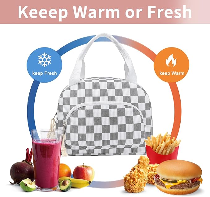 Lunch Bag Women Lunch Box for Women Adult Cute Insulated Lunch Bag Small Cooler Lunch Tote Bags for Work Picnic School (Beige-Gray Plaid)