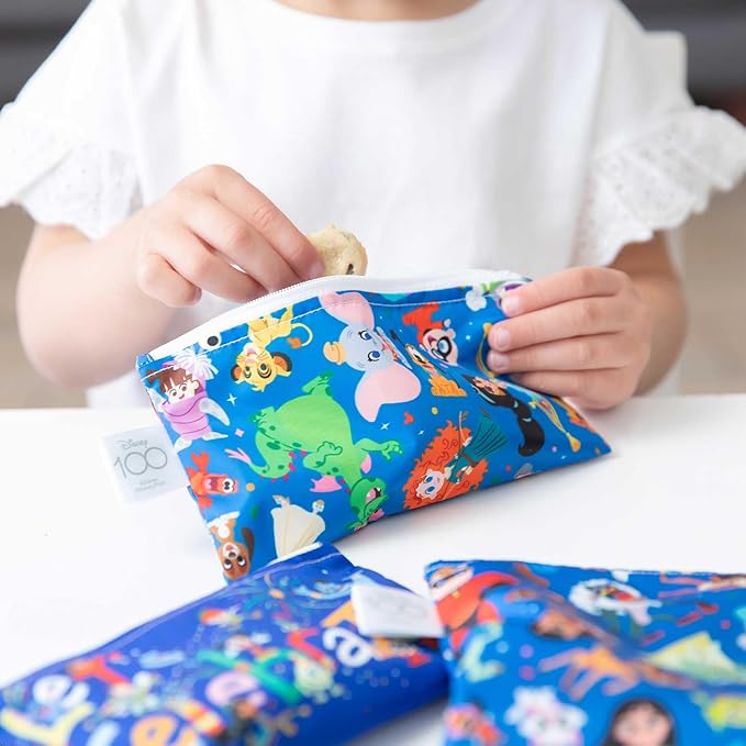 Bumkins Disney Reusable Sandwich and Snack Bags, for Kids School Lunch and for Adults Portion, Washable Fabric, Waterproof Cloth Zip Bag, Travel Pouch, Food-Safe Storage, 3-pack, 100 Years Celebration