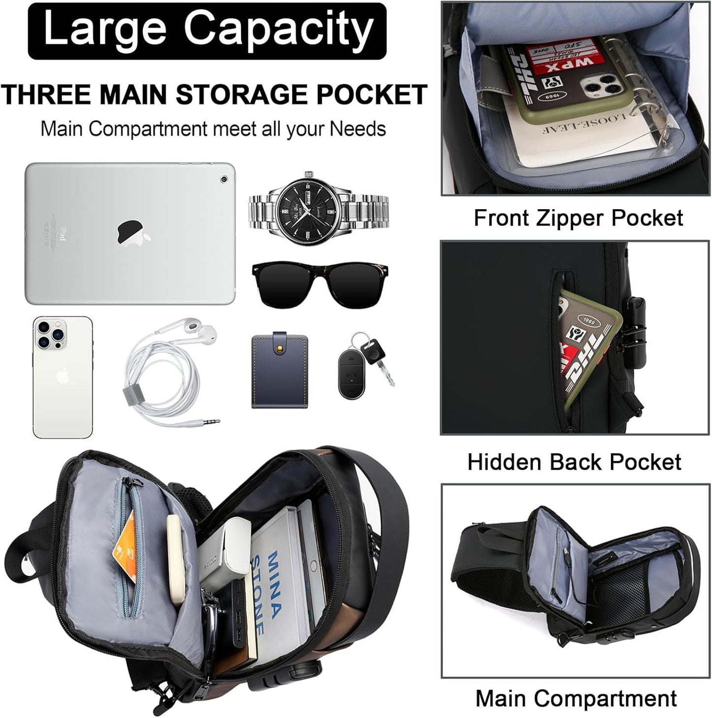 Sling Bag for Men Anti-theft USB Crossbody Shoulder Backpack Purse Waterproof PU Leather Chest Bag Travel Daily Use