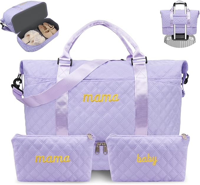 Mama Baby Pregnancy Hospital Bag Essentials for Women Labor Delivery Diaper Organizer with Shoe Compartment,2 Waterproof Toiletry Pouch Travel Duffle Bag for Mommy Weekender Overnight Gym Gifts,Purple