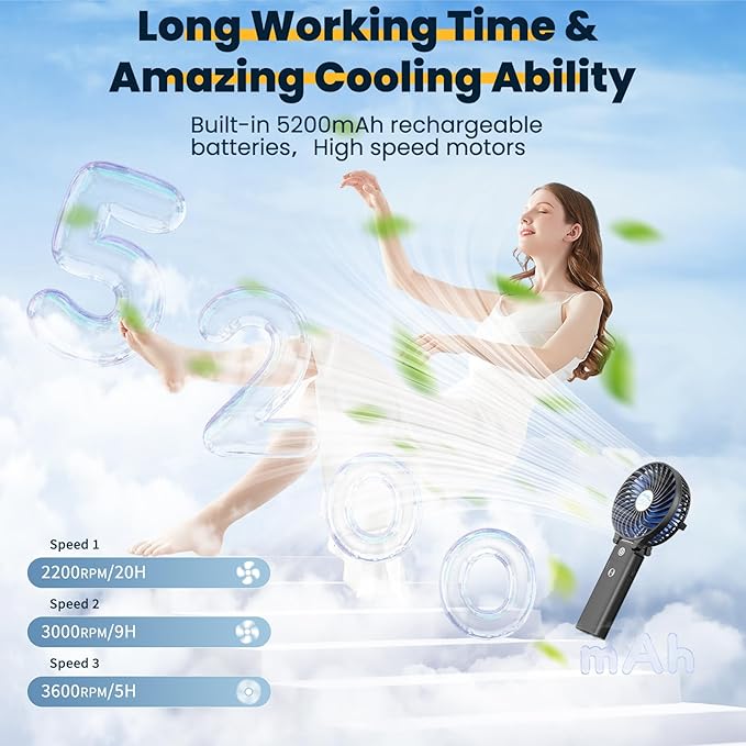 HandFan 5200mAh Portable Handheld Fan Rechargeable - 3 Speeds Foldable Personal Cooling, 2-IN-1 Hand Held Fan Battery Operated, 20H Runtime for Travel/Summer/Concerts/Women (Black&Blue)