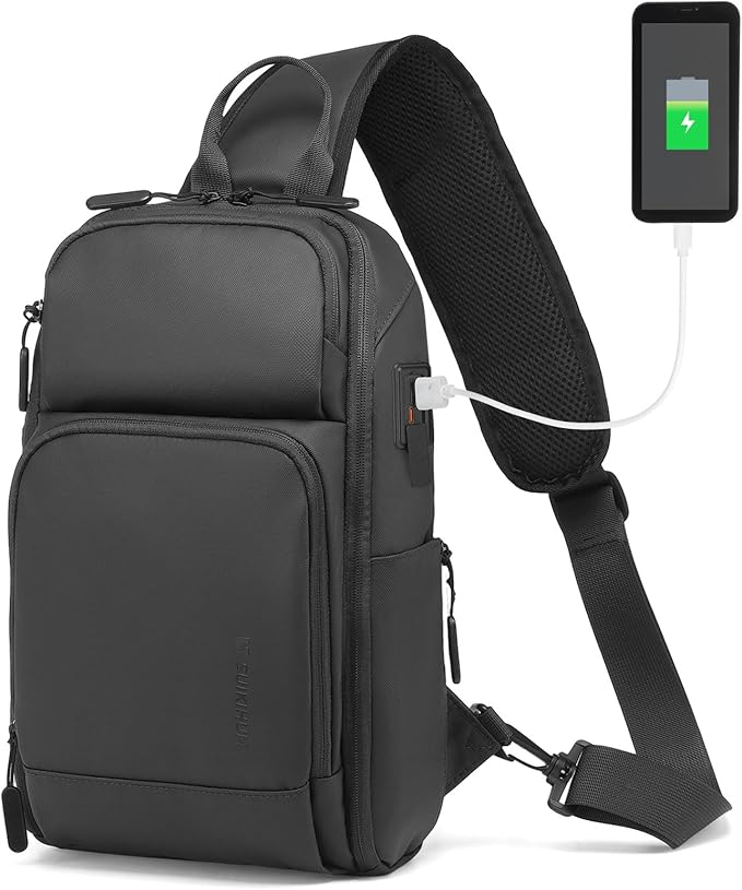 Men's Sling Bag, Convertible Anti Theft Sling Backpack, 11" One Shoulder Crossbody Backpack with USB Charging Port for Working Travel Daily, Black