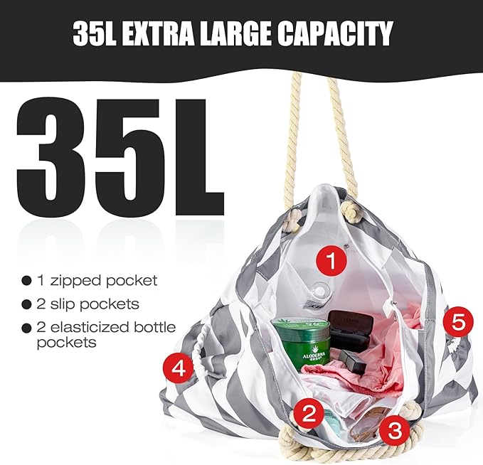 KUAK Beach Bag, Large Beach Bags for Women Waterproof Sandproof Beach Tote Bag with Zipper and Pockets for Pool Family