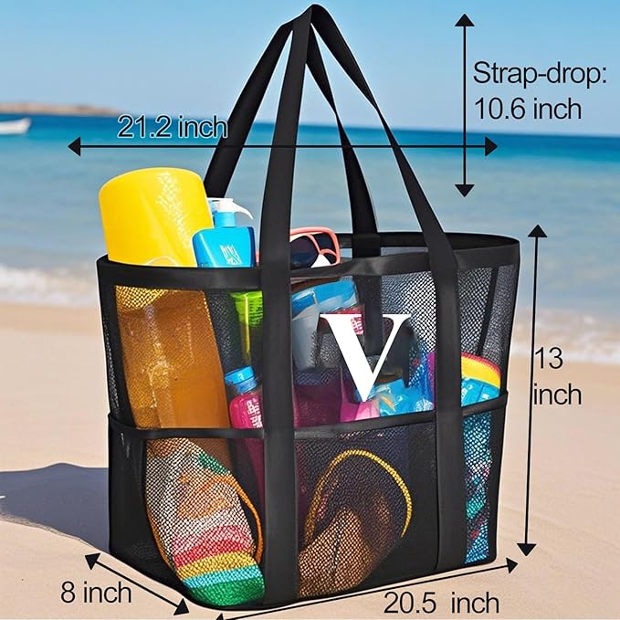 Personalized Mesh Beach Bag for Women - Waterproof Initial Tote Bag for Family Travel, Toys, Vacation Essentials