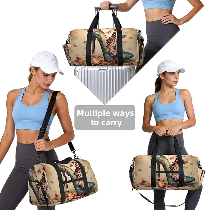 Sports Gym Bag Retro Art Butterfly Floral High Heel Travel Duffel Bag With Shoe Compartment Shoulder Strap, Lightweight Water-Resistant Weekend Overnight Totes For Women Men