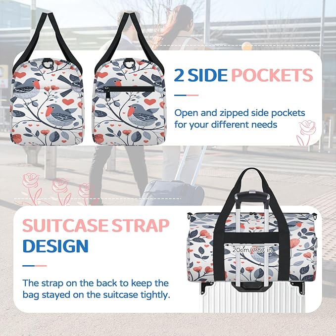Birds Print Travel Duffle Bag for Women Men, Overnight Weekender Bag, Carry on Tote for Sport Gym