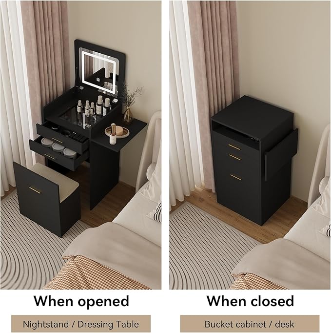 ARTETHYS Small Vanity Desk Set with Flip-top Mirror and Lights Black Integrated 3 in 1 Makeup Vanities Set for Tiny Space Compact Mini Dressing Table with Fold-up Panel and Storage Chair for Bedroom