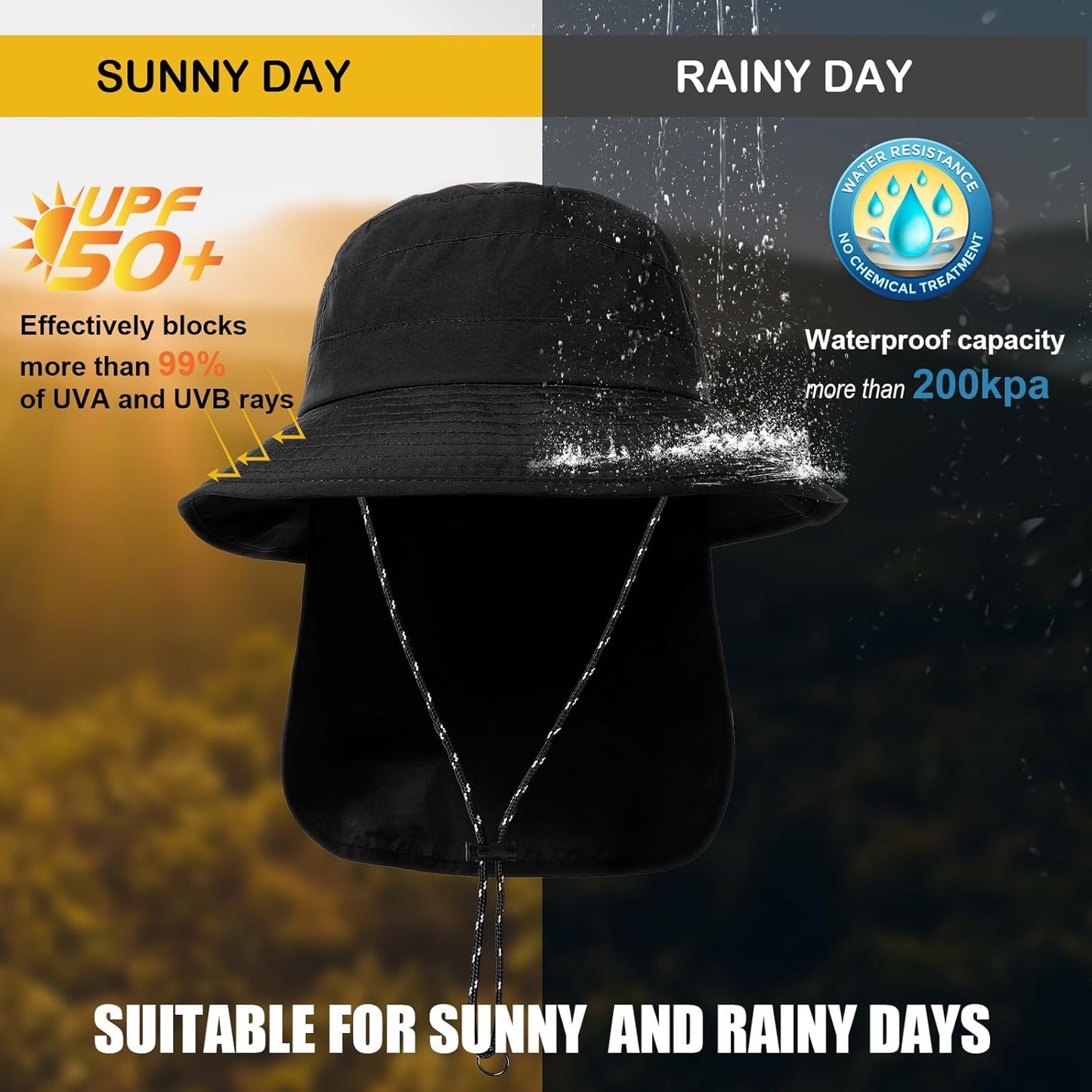 Water-Resistant Sun UPF 50+ Bucket Hat Protection Packable Brimmed Boonie for Women Men Summer Lightweight Hiking Outdoor Cap