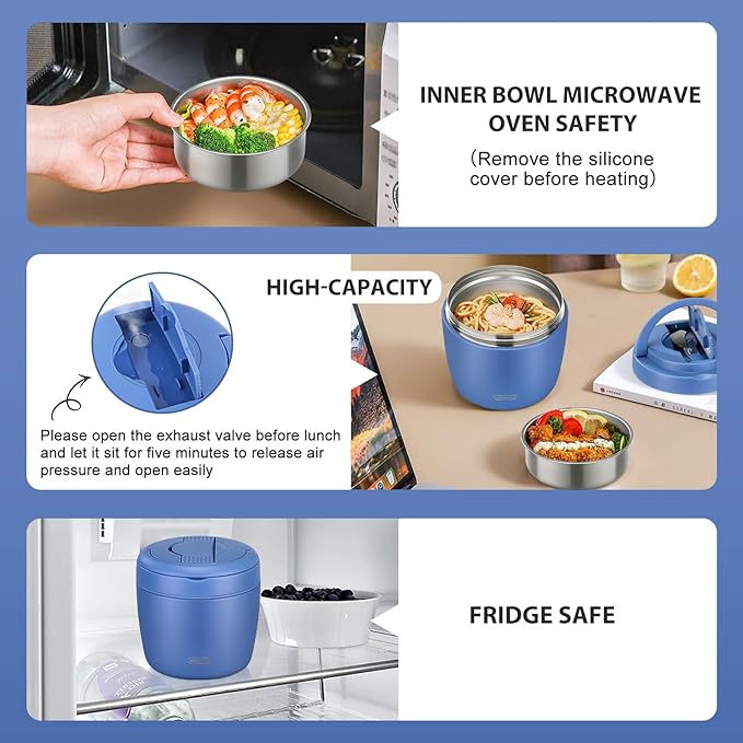 Thermo Food Jar for Hot Food Adults 32OZ Soup Thermo Lunch Containers Wide Mouth Vacuum Insulated Stainless Steel Leakproof Bento Box with Spoon (Blue)