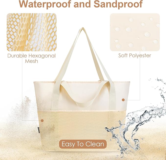 KABAQOO Large Beach Bag Waterproof Sandproof Tote Bag for Women with Zipper & Mesh Pockets for Pool Swim Travel Everyday