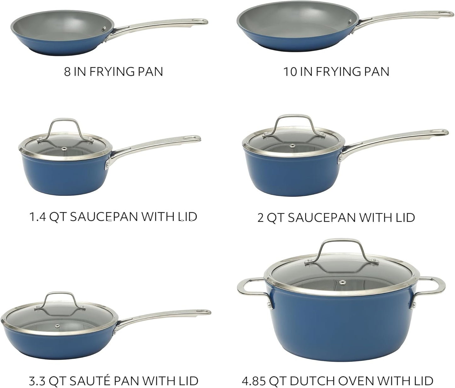 Sur La Table Kitchen Essentials Cool Commune Hard Anodized 10 Piece PFA Free Ceramic Non stick Interior Forged Durable Aluminum Pots and Pans Cookware Set - Blue - Induction Compatible
