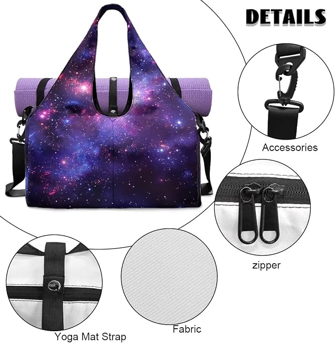 Galaxy Starry Sky Gym Bag for Women Duffle with Shoe Compartment & Yoga Mat Strap Overnight Weekender Personal Item Travel Bag Carry On Luggage for Plane Short Trips