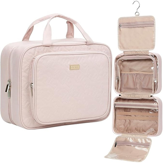 NISHEL Travel Toiletry Bag for Women, Makeup Essentials Organizer, Hanging Case for Accessories, Cosmetics, Large Size, Pink