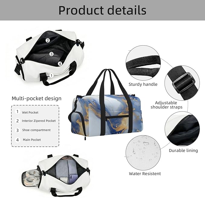 Sports Gym Bag Blue Golden Marble Pattern Travel Duffel Bag With Shoe Compartment Shoulder Strap, Lightweight Water-Resistant Weekend Overnight Totes For Women Men