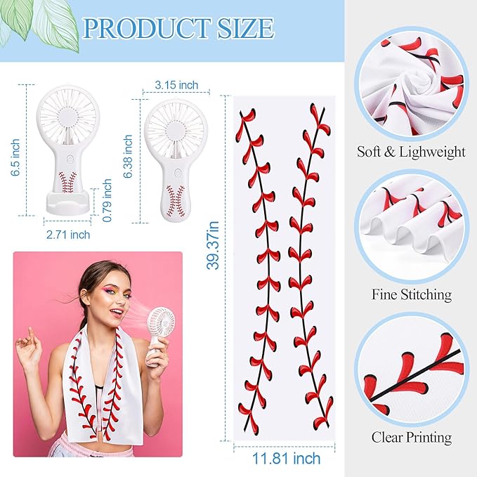 Woanger 24 Pcs Baseball Cooling Towels and Fans Sets Mini Handheld Fans Bulk 3 Speeds USB Lash Towel for Sporting Baseball Gifts for Team Games Party Favor