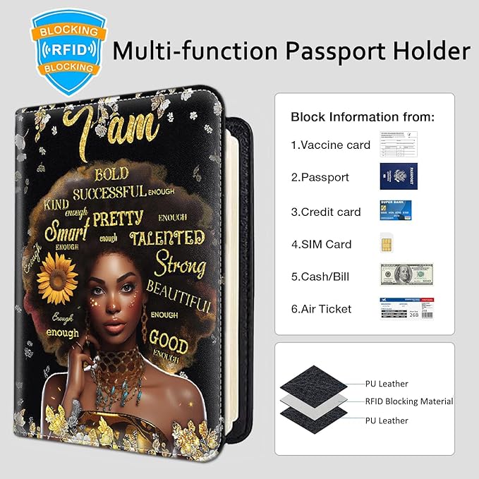 Passport Holder Women Wallet with Luggage Tag, Leather Passport Cover with RFID Blocking, Travel Accessories Multi Card Slot Passport Case for Men，African American Women