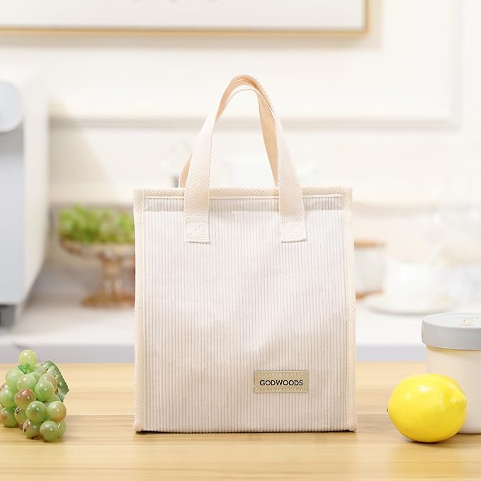 TELLUMO Corduroy Lunch Bag for Women Men Cute Lunch Bag Insulated Lunch Box with Large Capacity (7.5L) Reusable Lunchbag for Work, Picnic, Beach or Travel (S- Corduroy Beige)
