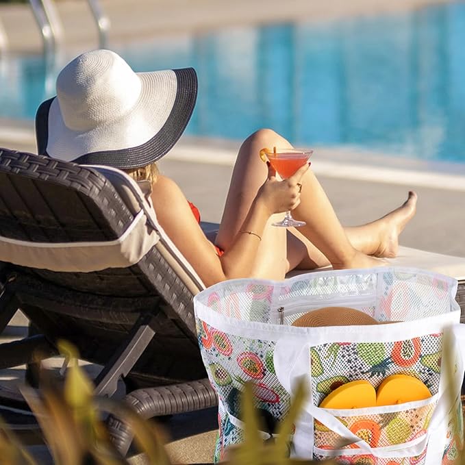 CaCTOUR Mesh Beach Bag,Large Beach Bags for Women with 8 Pockets,Packable Tote Bag for Beach Cruise Pool Vacation Essentials