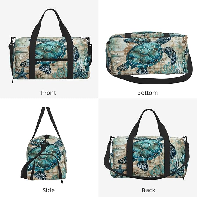 Sports Gym Bag Turquoise Sea Turtle Starfish Travel Duffel Bag With Shoe Compartment Shoulder Strap, Lightweight Water-Resistant Weekend Overnight Totes For Women Men