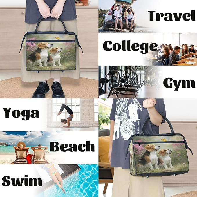 Travel Duffel Bag, Two Cute Beagle Dogs Floral Waterproof Sports Gym Duffle Bag, Large Capacity Weekender Carry On Overnight Bags for Women Men
