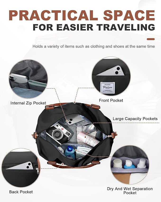 Spirit Travel Duffel - 18x14x8 Inches Weekender Overnight Bag with Shoes Compartment, Trolley Sleeve & Carry On for Airplanes, Sport Tote Gym Bag - Black/Brown