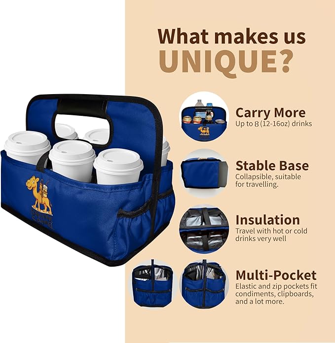 Reusable Drink Carrier with Handle, Foldable 6 Cup Drink Holder Carrier for Delivery, Coffee Cup Carrier, Portable Cup Holder Bag for Drinks, to Go Beverage Drink Organizer (Navy Blue)