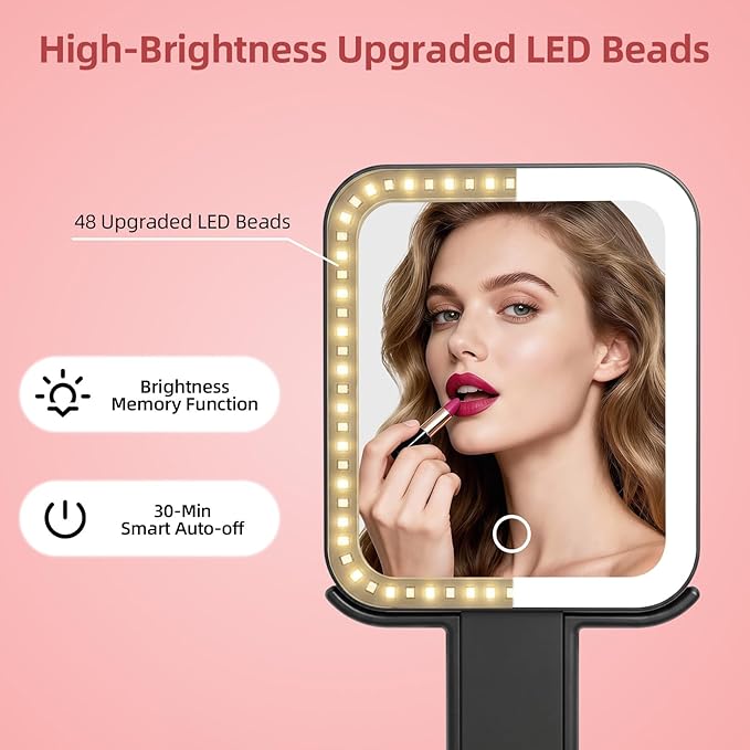 Travel Makeup Mirror with Lights, 1500mAh Rechargeable, Double-Sided 10X/1X Magnification, 3 Color Lighting, Smart Touch Dimming, Precision Tweezers, Lighted Mirror for Desk, Trip, Home, Office, Black