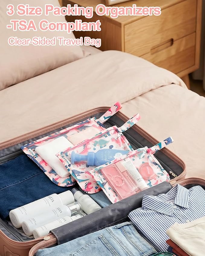 babygoal Clear Travel Organizer Bags 3 Pack, TSA Approved Mess-Proof Pouches with Snap Handle, Water-Resistant Toiletry Essentials for Baby & Mom (Dinosaur)
