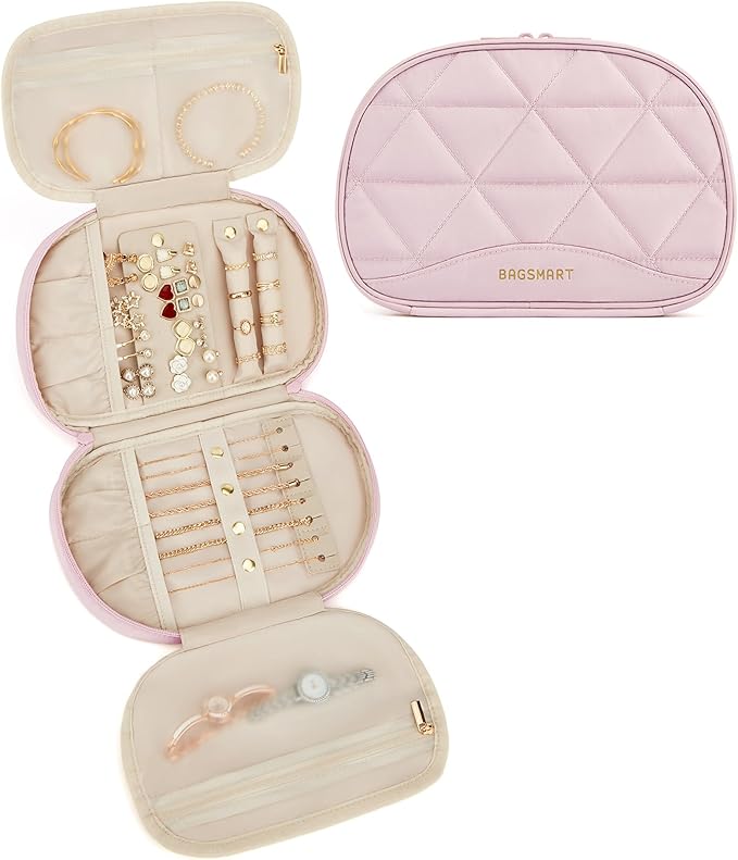 BAGSMART Travel Jewelry Case Jewelry Organizer Storage Roll Rings Necklaces Earrings Bracelets Brooches Watch Large Portable Light Pink