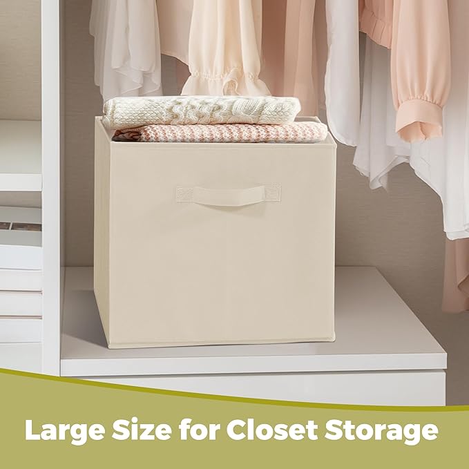 11 Inch Fabric Storage Cubes, Sturdy Foldable Storage Bins, Heavy Duty Cube Organizer for Clothes, Blankets, Shelves, Closets, Bedroom, Living Room, Beige, 7 Pack