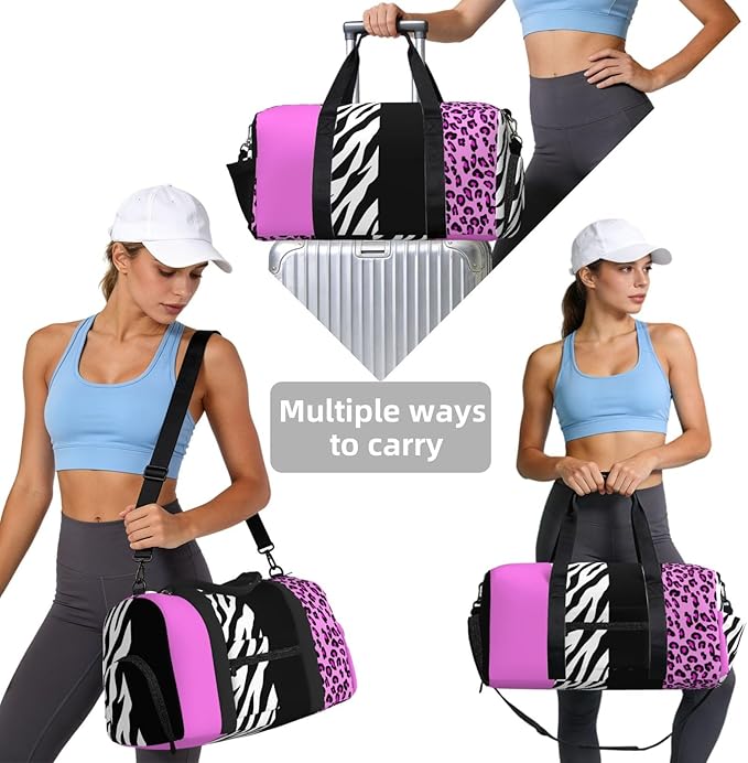 Leopard Print, Zebra Print, Animal Print, Pink Women'S Gym Duffle Bag With Shoes Compartment, Ideal For Travel, Gym, Sports, Duffel, Weekender