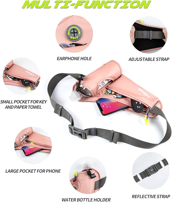 Running Belt, Waterproof Hydration Belt with Water Bottle Holder Hiking Walking Waist Pack Reflective Adjustable Fanny Pack Compatible for Phone Waistband Outdoor