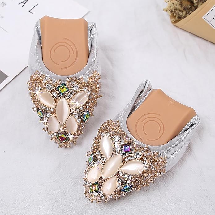 Women Ballet Flats Sparkly Rhinestone Wedding Ballerina Shoes Pointed Toe Foldable Comfort Slip on Flat Dress Shoes
