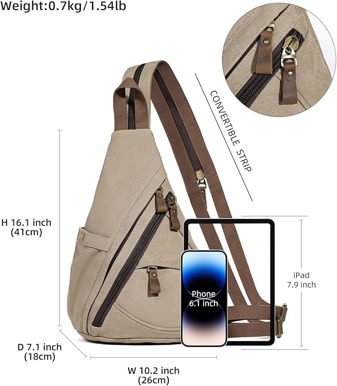 KL928 Canvas Sling Bag - Small Crossbody Backpack Shoulder Casual Daypack Rucksack for Men Women(Large Version,Khaki)