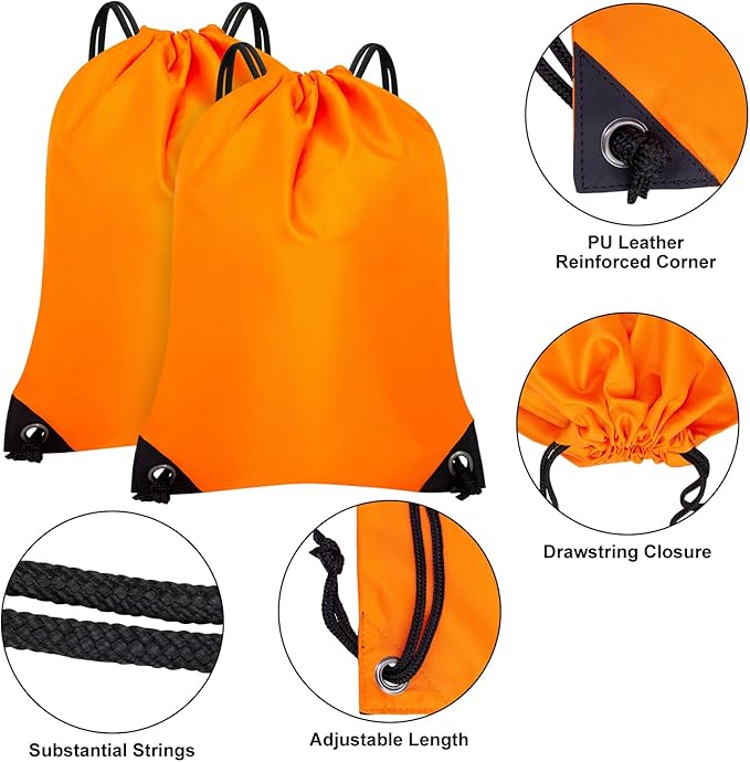 2PCS Drawstring Bags Bulk, String Backpack for Men Women, Cinch Bag Draw String Back Bag for Gym, Sports, Travel, Swimming, Beach, Orange