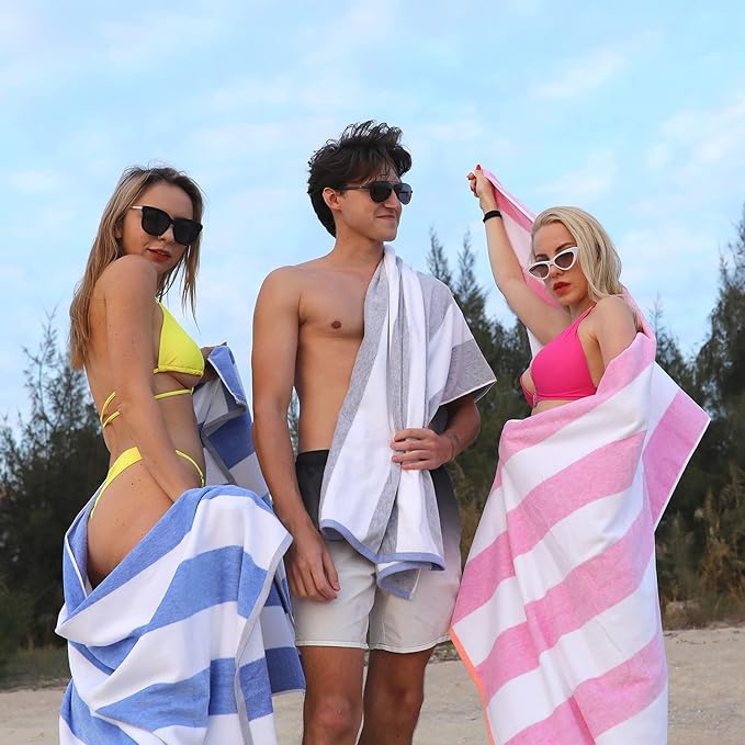 Cotton Oversized Beach Towel - Large 70 x 35 Inch Pool Towel, Orange Striped Quick Dry Swimming Cabana Towel