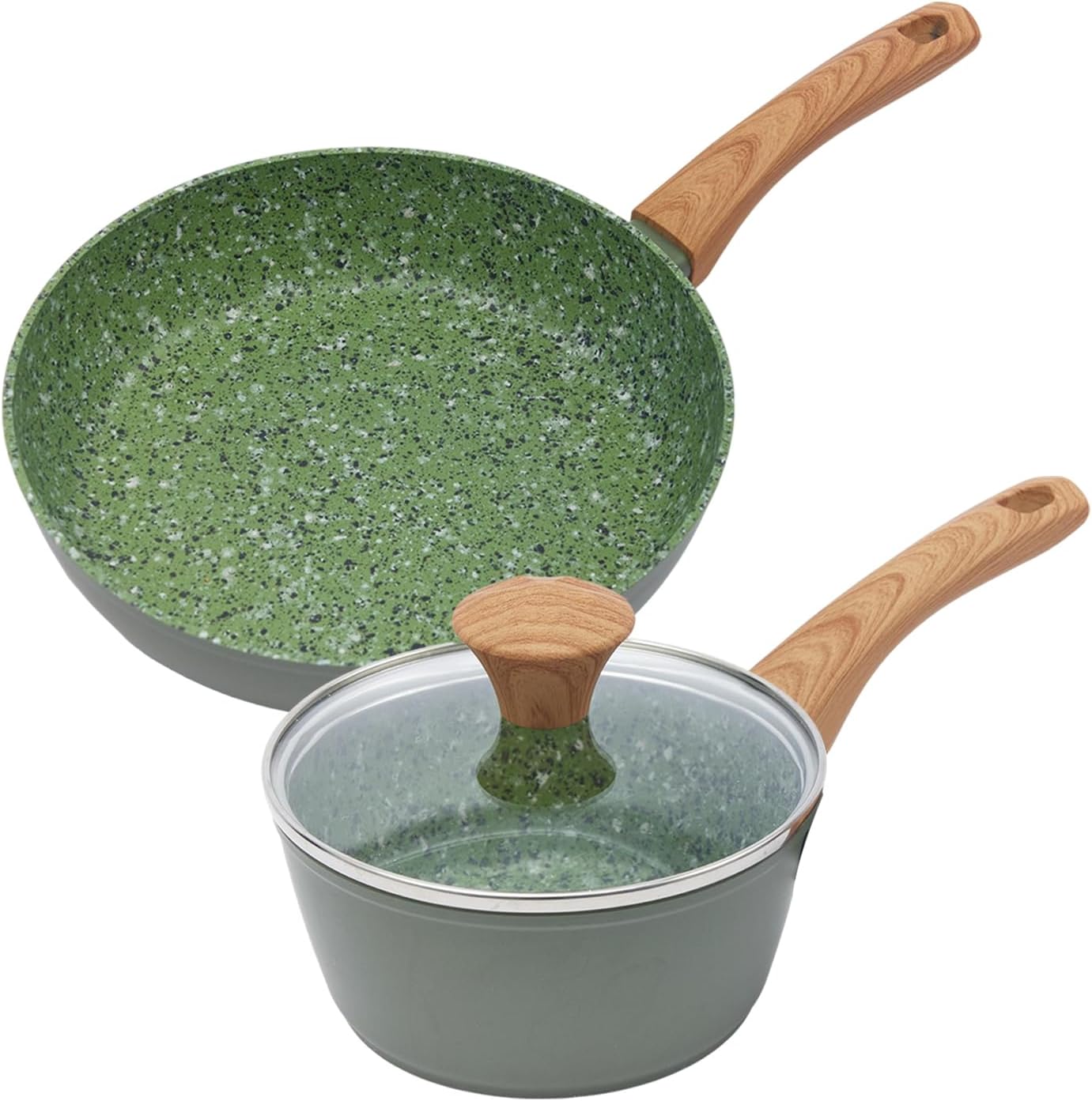 Nonstick Cookware Set, 2-Piece Non-Toxic Coated 8.5 Inch Frying Pan & Saucepan with Lid, PFOA Free Dishwasher Safe, Induction Compatible, Beginner Kitchen Pots and Pans Set, Green