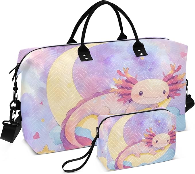 Travel Duffle Bag, Moon Axolotl Gym Bag with Storage Bag Weekender Overnight Bag for Men Women Trip Sports Yoga