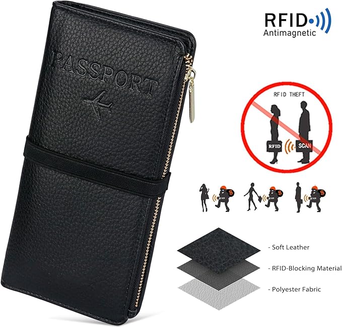 TIGARI Leather Passport Holder, RFID Blocking Wallet for Women, Zipper Pocket Card Slots, Travel Document Organizer (Black)