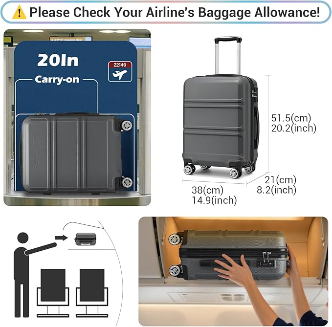 Kono 20" Carry on Luggage with Spinner Wheel TSA Lock, Lightweight PC+ABS Hardside Luggage Durable Small Carry on Suitcase Grey