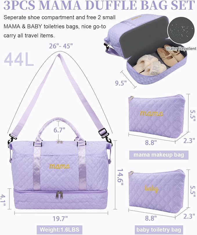 Mama Baby Pregnancy Hospital Bag Essentials for Women Labor Delivery Diaper Organizer with Shoe Compartment,2 Waterproof Toiletry Pouch Travel Duffle Bag for Mommy Weekender Overnight Gym Gifts,Purple