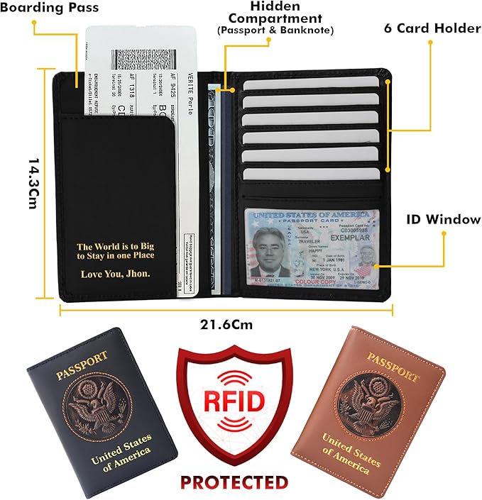 RFID Leather Passport Cover USA - Premium Travel Wallet with 6 Card Slots, ID Window, Boarding Pass Holder, Cash Compartment + Free Keychain (Black)