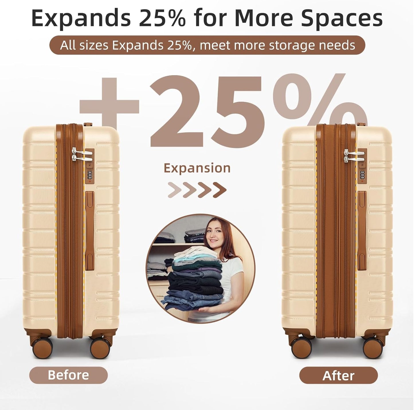 LARVENDER Luggage Sets 5 Piece Hardside Expandable Suitcase with Wheels Lock,Hardside Lightweight Rolling Suitcase for Women and Men,Cream