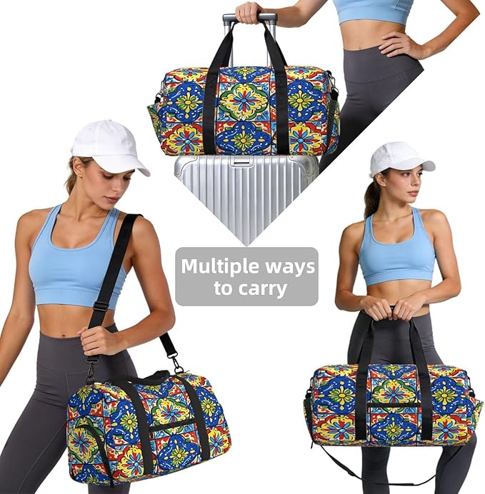 Sports Gym Bag Mexican Talavera Tiles Flower Travel Duffel Bag With Shoe Compartment Shoulder Strap, Lightweight Water-Resistant Weekend Overnight Totes For Women Men